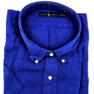 Ralph Lauren Men's 2XB Linen Short Sleeve Button Down Shirt Royal Blue